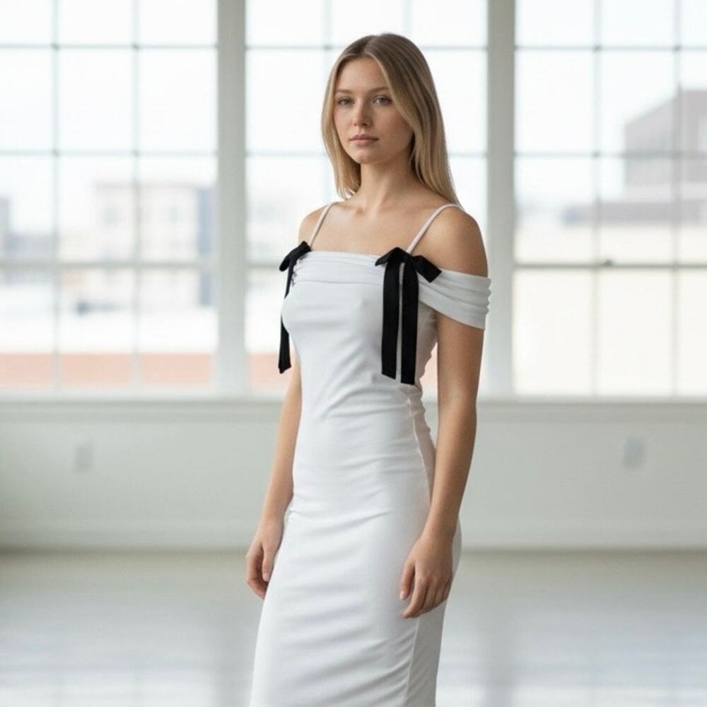 Wild Fable Womens XS White Mesh Dress Black Bow Shoulder Straps Off Shoulder